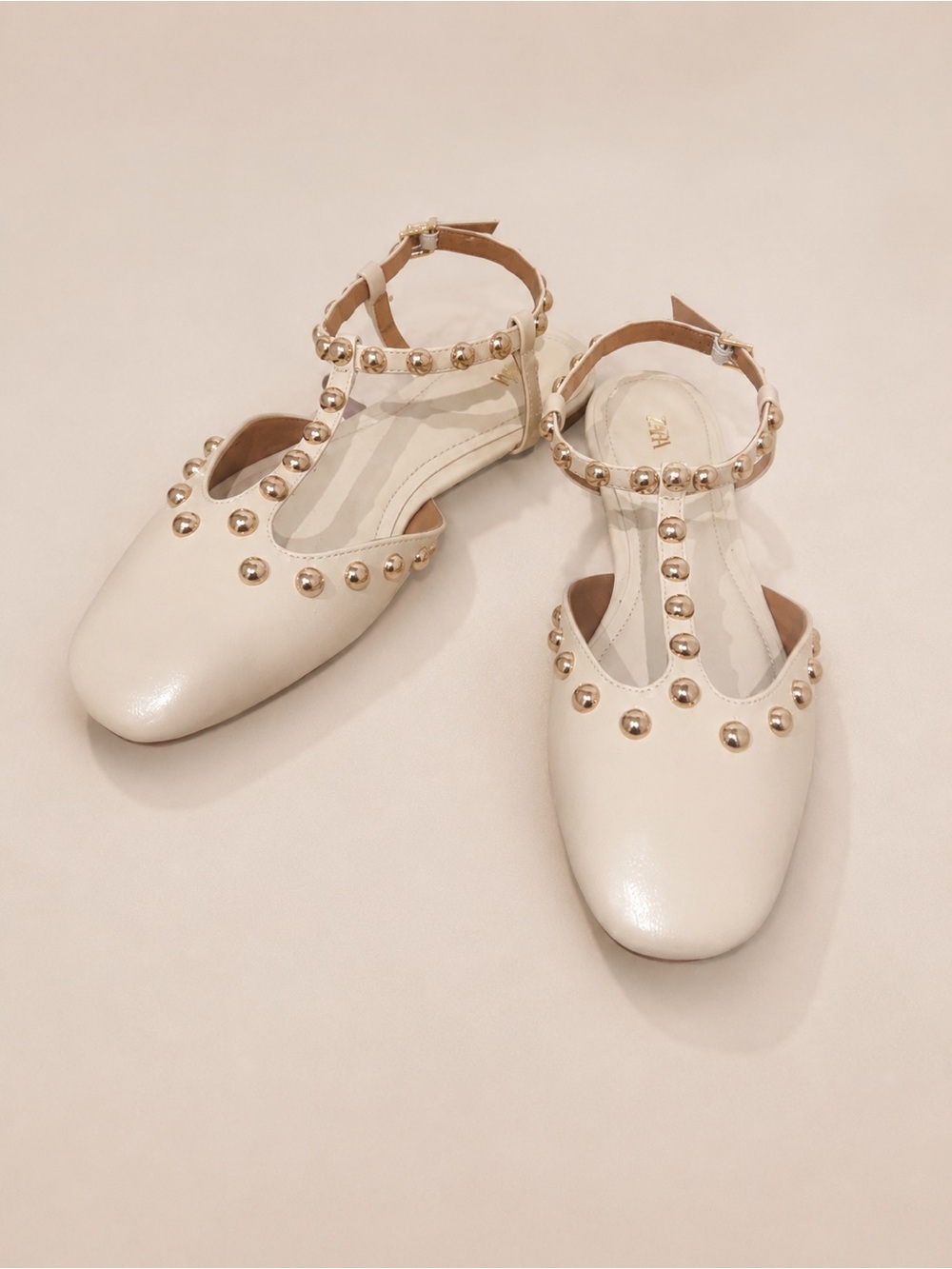 ZARA Cream Studded T-Strap Ballet Flats | Gold Stud Ankle Strap Shoes 37